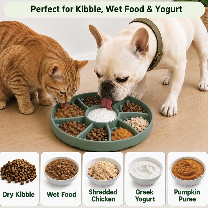 Slow Feeder Dog Bowl Silicone Suction Cup Anti Spill Dogs Cats Green | strong suction base prevents sliding, extends mealtime, reduces anxiety, textured surface, dishwasher safe