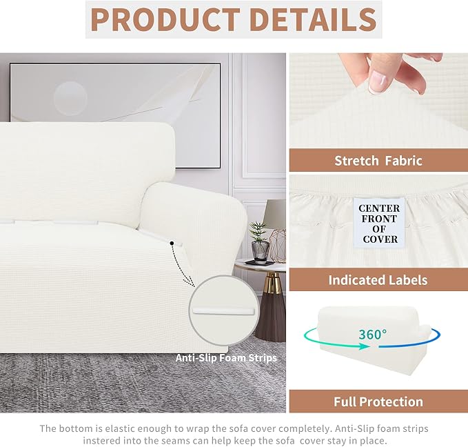 Easy-Going 100% Waterproof Couch Cover, 3 Cushion Couch Slipcover for Sofa | Leakproof Sofa Cover, Stretch Jacquard Furniture Protector Against Stain Spill from Kids, Pets, Dog (Sofa, Cream)