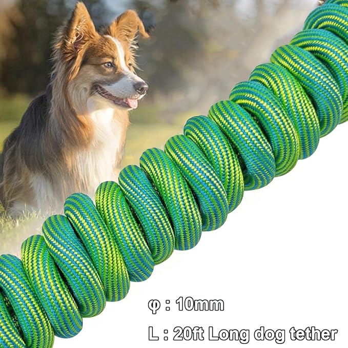 BTINESFUL 8ft/12ft/20ft/30ft/50ft/75ft Dog Tie-Out Long Tether Rope Leash, Outdoor Dog Lead for Yard- Large Medium Dogs Outside Training, Playing, Camping, Backyard (20 Foot, Green)