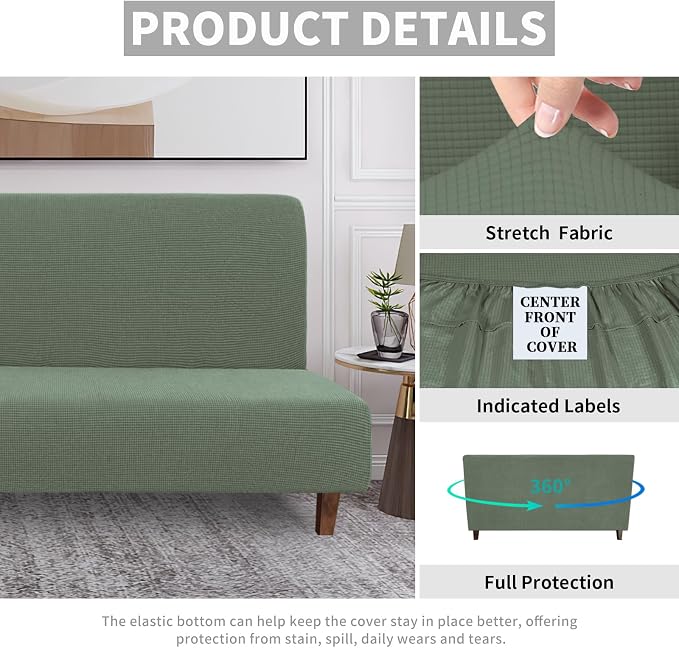 Easy-Going 100% Waterproof Futon Cover, Stretch Futon Slipcover Large | Dual Waterproof Armless Futon Couch Cover, Leakproof Sofa Bed Furniture Protector for Kids Pets Dog Cat, Grayish Green