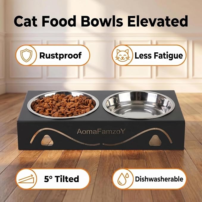 All-Metal Cat Food Bowl Raised, 5.5" WideTilted Whisker-Fatigue Pet Dish, Anti-Vomiting, 2 Stainless Steel Bowls for Food Water, Non-Slip Elevated Cat Feeding Stand for Indoor Multi Cats,Puppy, Black