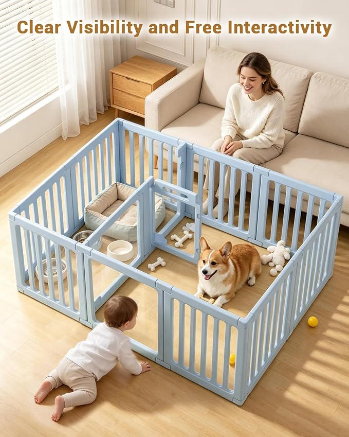 Acrylic Indoor Dog Playpen with Double Room, 24" H 12 Panels, Blue | Indoor & Outdoor Puppy Playpen with Heavy Duty Door Lock, Easy-Assembly&Clean Door Pet Fence for Dogs Puppy,Cats,Rabbits