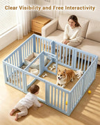 Acrylic Indoor Dog Playpen with Double Room, 24" H 12 Panels, Blue | Indoor & Outdoor Puppy Playpen with Heavy Duty Door Lock, Easy-Assembly&Clean Door Pet Fence for Dogs Puppy,Cats,Rabbits