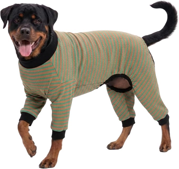 LovinPet Big Dog Pajamas, Cotton Brown and Green Stripe Dog Shirt, Stop Shedding for Dogs, Pet Pajamas for Dogs, UV Protection, Pitbull Clothes, Pet PJ's, M