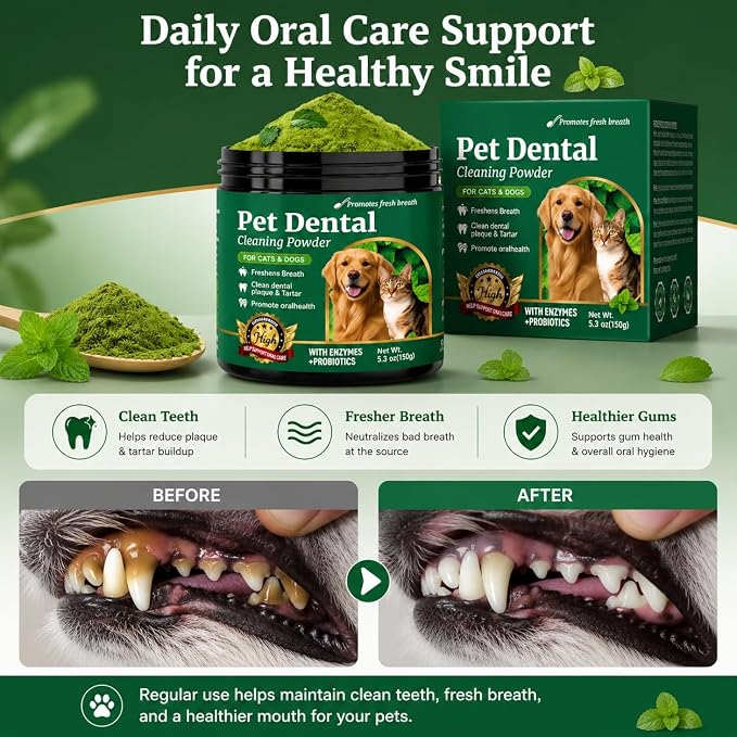 Dog Teeth Cleaning Powder – Dog Breath Freshener & Dental Care Powder – Helps Support Clean Teeth, Fresh Breath & Healthy Gums – No Brush Plaque & Tartar Support for Dogs & Cats, 150g