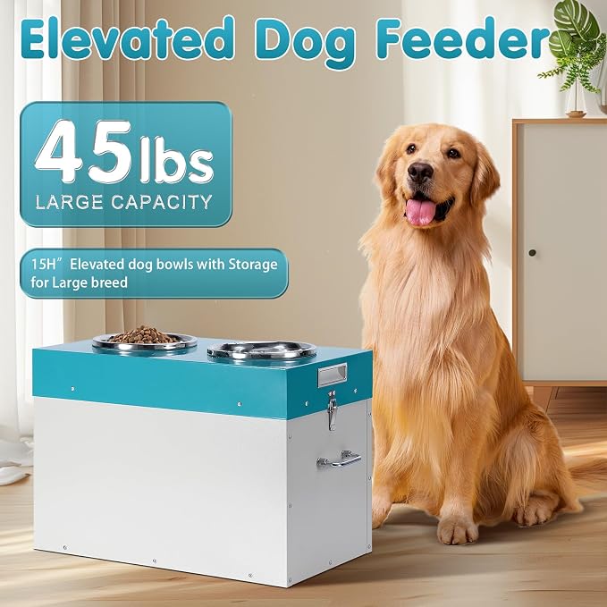 Elevated Dog Bowls with Storage Large 2-in-1 Pet Food Storage Raised Bowl | 15"H Galvanized Steel Raised Bowl for Dogs Holds Up To 45 Lbs 2 Removable Stainless Steel Bowls for Medium & Large Dogs