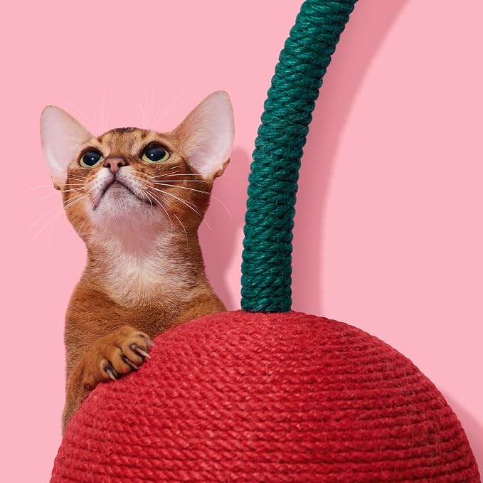 VETRESKA Cherry Cat Scratching Post, 22.64" Tall Cat Scratcher with Jute Rope Ball, Vertical Cat Scratch Post Claw Scratchers for Indoor Cats, Kitten Supplies | Vertical Cat Scratch Post Claw Scratchers for Indoor Cat and Kitten