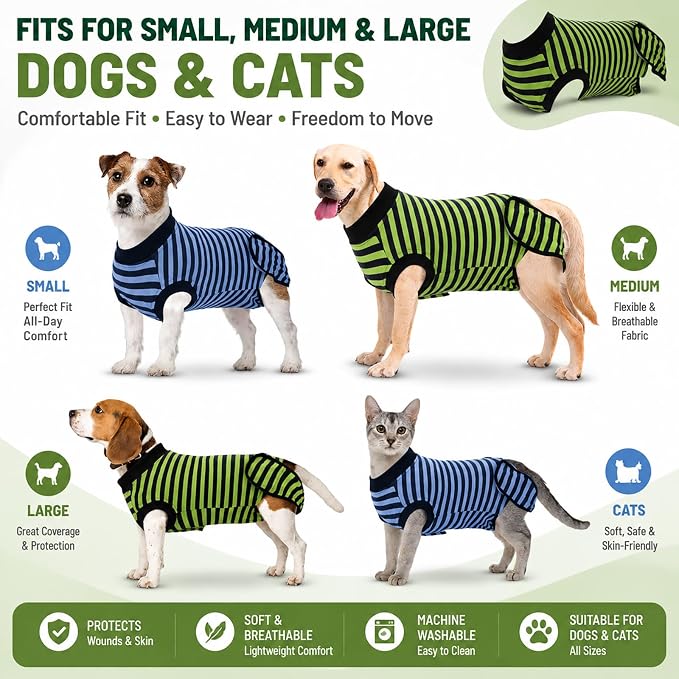 2 Packs Breathable Cotton Dog Recovery Suit for After Neuter Spay Abdominal Wounds Protector, Professional Anti-Licking Onesies for Male Female Pets Surgery Bandages, L Blue & Green Stripes