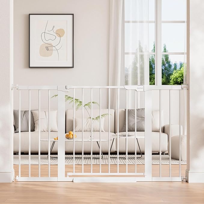 InnoTruth 29.6-50.1 in Extra Wide Baby Gate for Stairs and Doorways, White | Indoor Metal Dog Gate for Pets, Auto Close 2 Way Swing Walk Through Door, Double Lock & Y-Bolts, Pressure or Hardware Mount