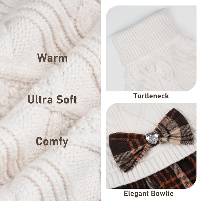 KYEESE Dog Sweater Dress Turtleneck Thick Knit Pullover for Cold Weather | Stretchy Fit, Lightweight & Warm, Cozy Knit Comfort, Cute Bow Accent, Gentle on Sensitive Skin, Comfortable Daily Wear