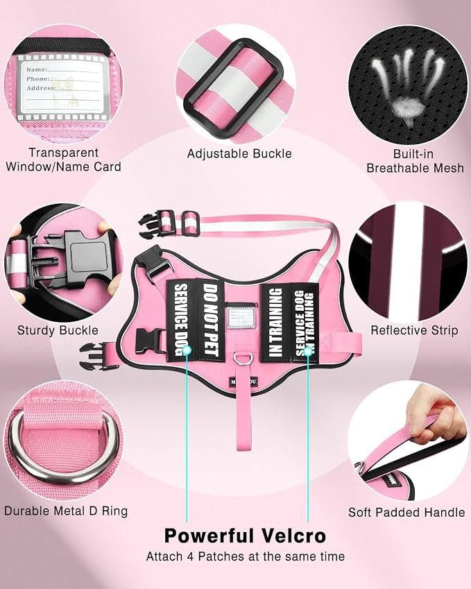 Small Service Dog Vest Harness and Leash Set+10 Patches Pink XS | Adjustable Reflective Do Not Pet Emotional Support Dog Vest with 2 Soft Padded Handle,MOLLE,for Everyday Training Hiking