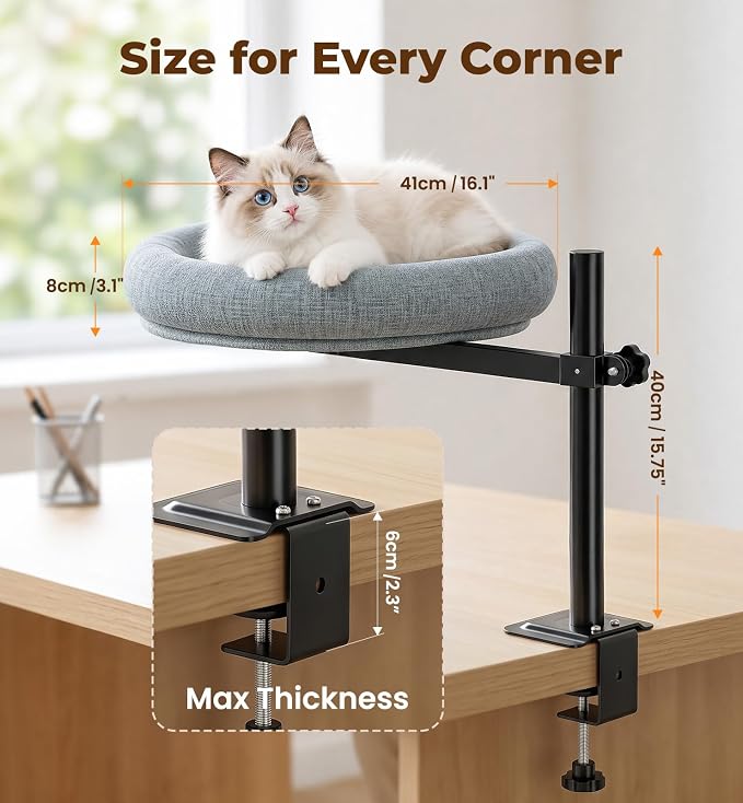 Cat Bed for Desk, 360° Rotating Adjustable Cat Perch, 44 lb, Home Office | Desk mount cat hammock, no-drill G-clamp, faux linen, washable cover, fits desktops up to 2.3 in, space saver, gray
