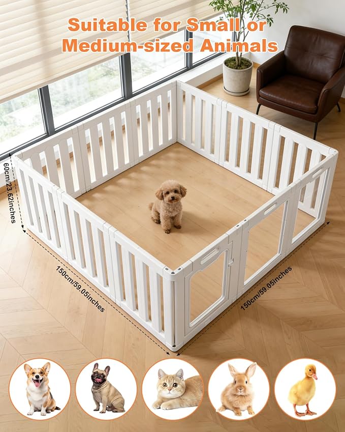 Acrylic Indoor Dog Playpen with Double Room, 24" H 12 Panels Puppy Playpen | Indoor & Outdoor Dog Play pen with Heavy Duty Door Lock, Easy-Assembly&Clean Door Pet Fence for Dogs Puppy,Cats,Rabbits,White