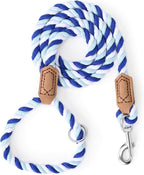Mile High Life Rainbow Dog Leash Braided Cotton Rope w Leather-Wrapped Ends | Rust-proof 360° swivel clasp, Heavy-duty for medium/large breeds. Great for weddings, daily walks (5FT, 1/2", Blue Gradient)