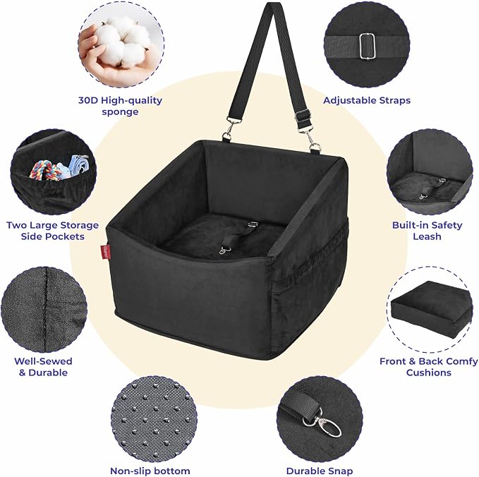 BurgeonNest Small Dog Car Booster Seat Bed Under 25 lbs (Black) | Fully detachable & washable travel bed with side storage pockets and clip-on safety leash for cozy, portable car trips.