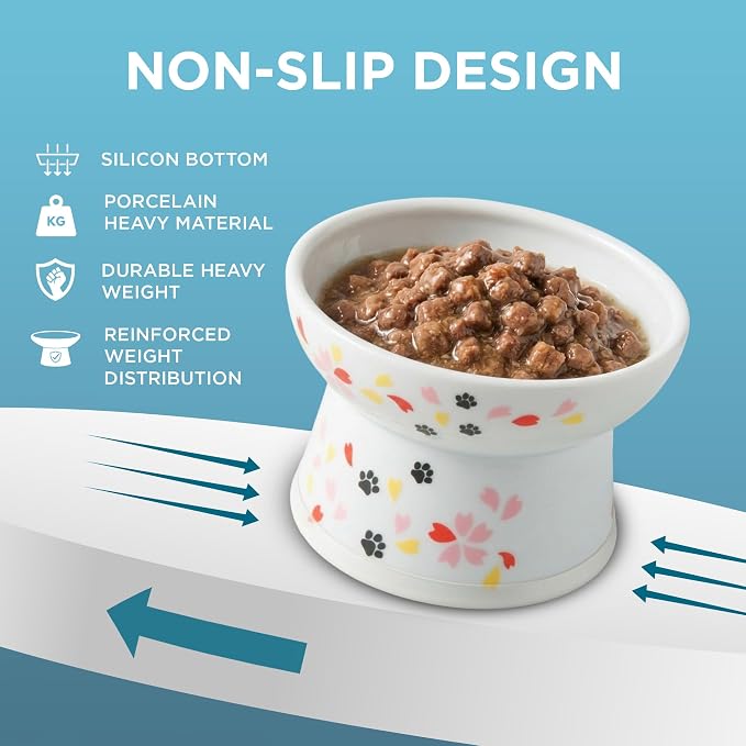 Necoichi Ceramic Elevated Cat Food Bowl (Sakura, Regular Flat)