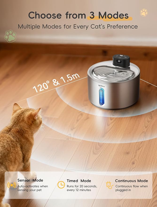 Stainless Steel Cat Water Fountain, Cordless Fountain for Cat & Dogs Indoor | 135fl.oz/4L Capacity, 4000mAh Battery, ultra-quiet
