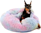 Himax Covered Large Dog Bed with Blanket Attached Calming Burrow Multicolor | 35in Anti-Anxiety Donut dog bed with cover, Washable Round Fluffy Pet& Cat Beds for Indoor