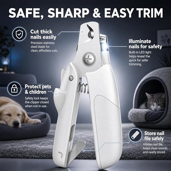 Professional Dog and Cat Nail Clipper - LED Light Dog Nail Clipper with Safety Protection, Ergonomic Pet Nail Clipper for Dogs, Small and Large Dogs, Dog Toenail Clippers, Cat Nail Trimmers