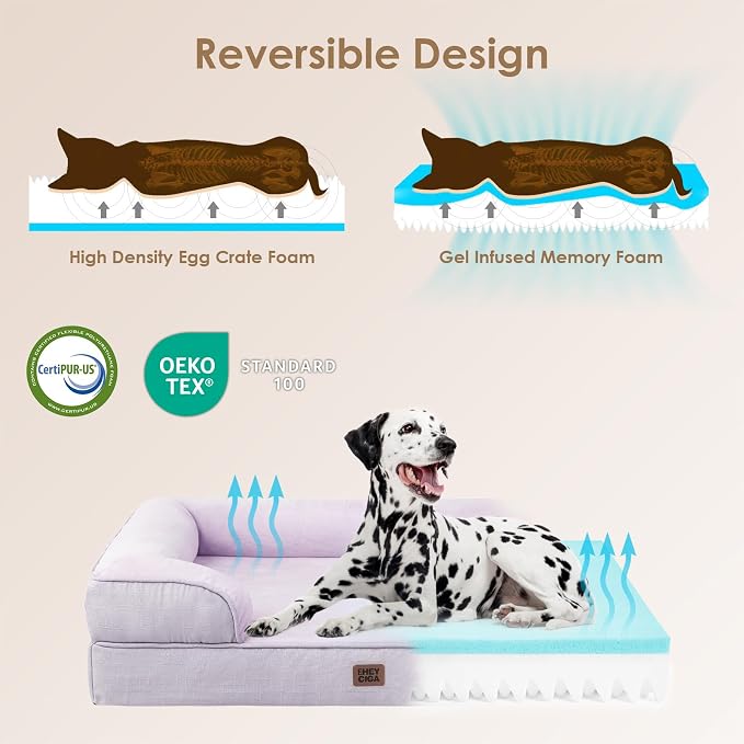 EHEYCIGA Orthopedic XXL Dog Bed, Waterproof Washable XL Big Pet Bed 48" | Non-Slip Bottom and Egg-Crate Memory Foam Extra Large Pet Couch Bed with Washable Removable Cover, Lilac