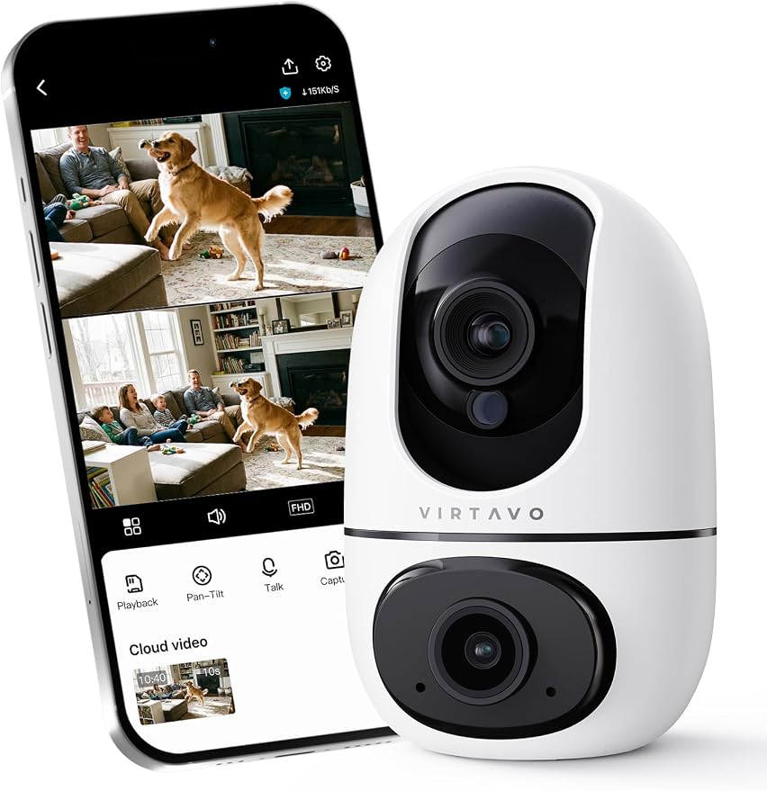 VIRTAVO Pet Camera Indoor No Subscription, for Dog Cat Baby, 360° PTZ | Dual Lens Dual View, Auto Motion Tracking, 2-Way Audio, Night Vision, Phone App, SD & Cloud Storage, Wired