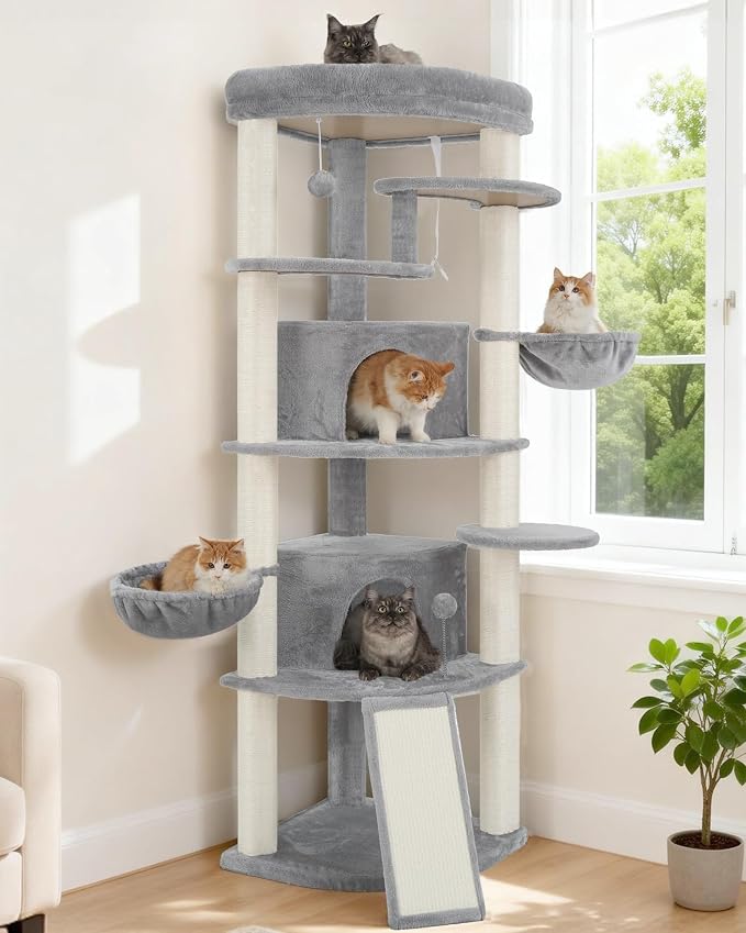 Gitelsnour Corner Cat Tree, All Sisal Multi-Cat Scratching Posts GCT035W | 63.8" Cat Tower for Indoor Cats with Cat Condo, 2 Large Cat Caves, Big Top Perch, 2 Hanging Baskets & Sisal Ramp, Light Gray