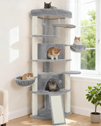 Gitelsnour Corner Cat Tree, All Sisal Multi-Cat Scratching Posts GCT035W | 63.8" Cat Tower for Indoor Cats with Cat Condo, 2 Large Cat Caves, Big Top Perch, 2 Hanging Baskets & Sisal Ramp, Light Gray
