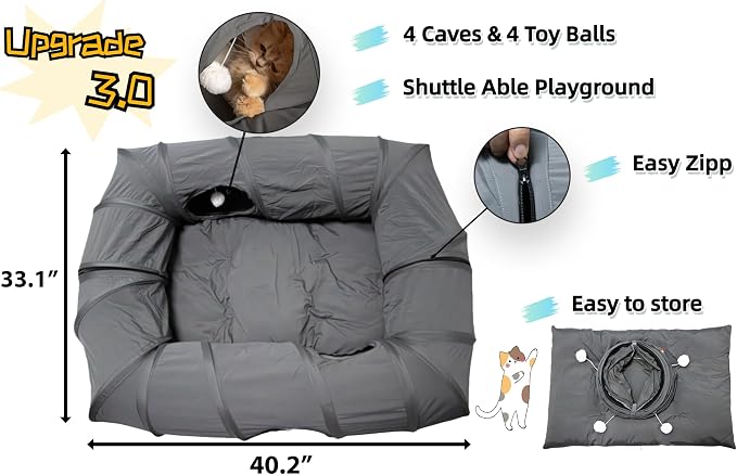 XxingSheep 4 Ways Shuttled XL Cat Tunnel Bed for Indoor Cats Peekaboo Cat Cave Donut with Cool Mat (Dark Gray)