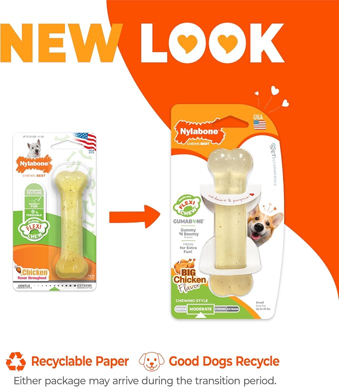 Nylabone Original Bone Flexi Chew Toy for Dogs, Flexible Dog Toys for Moderate Chewers, Chicken Flavor, Small, 1 Count | Dog toys for small dogs up to 25 lbs, flexible material, gentle on teeth, freezable, bouncy, great for seniors
