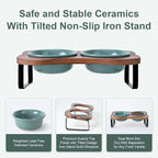 SPUNKYJUNKY Ceramic Elevated Tilted Dog Bowls Bone-Shaped Raised with 2 Height Iron Stand, 5.9'' Dog and Cat Food Water Bowls Set Non-Slip for Small Sized Breed - 13.5 OZ,Dark Green