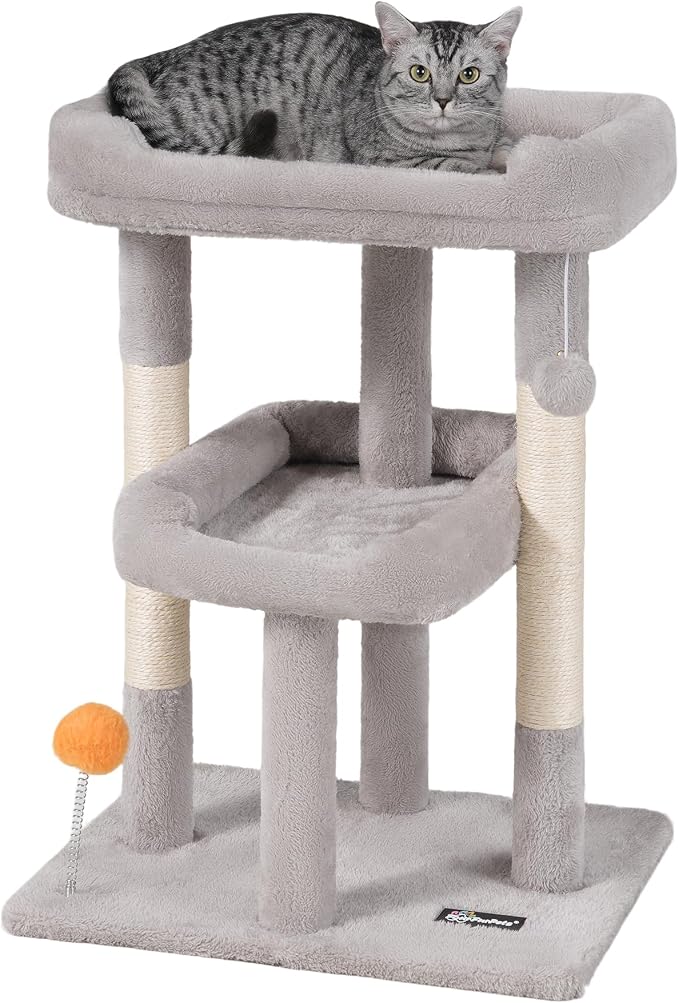 FourFurPets Small Cat Tree, Multi-Level Cat Tree for Indoor Cats, Cat Tower with Scratching Post, Cat Condo for Kittens,Toy Balls, 2 Soft Platform, Light Gray