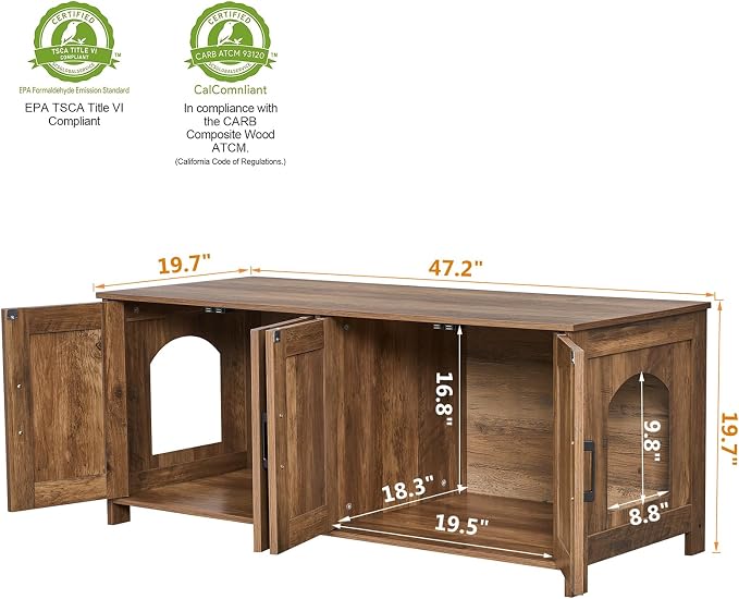 Homhedy 47.2”L Cat Litter Box Enclosure for 2 Cats, Rustic Walnut | Wooden Litter Box Furniture Hidden with Double Room, Cat Washroom, Cat House, Dog-Proof, TV Stand,Farmhouse Style