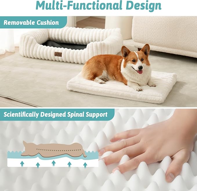 Cute Pet Bed for Small Dogs & Cats - Washable Rectangle Dog Bed with Anti-Slip Bottom, Soft Calming Cat & Puppy Bed for Indoor Pets (30"x23"x7", Cream)
