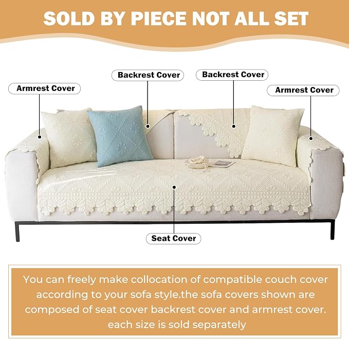 Cotton Quilted Dog Couch Cover for Sofa Farmhouse Rustic Embroidery Sectional Couch Cover Soft Anti-Slip Sofa Slipcover Furniture Protector for Kids, Pets (Ivory,36"x36")