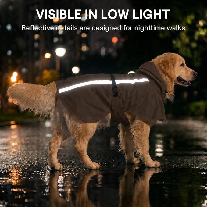 Stretch Fabric Dog Raincoat with Hood, Reflective Rain Poncho for Medium Large Dogs, Adjustable Waterproof Dog Rain Jacket with Leash Opening, Brown, Large