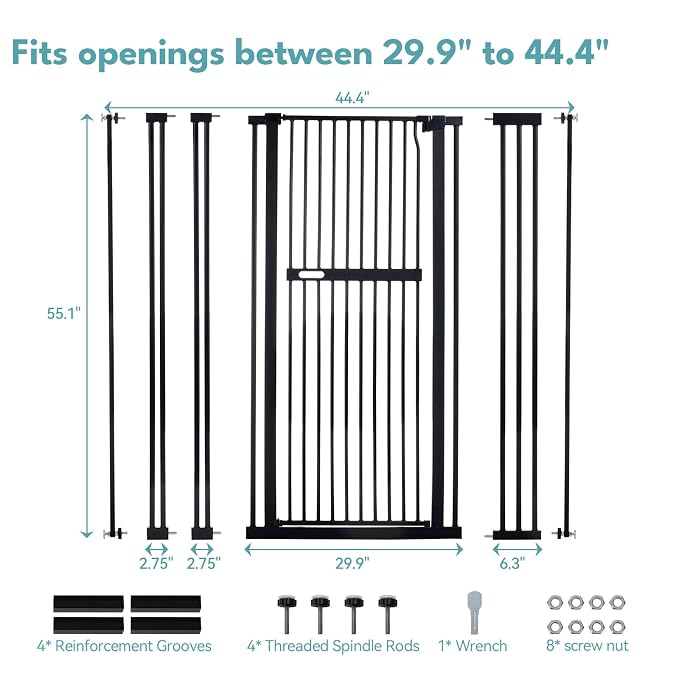 No Pawblems 55.1" Extra Tall Pet Gate, 29.9"-44.4" Wide Cat/Dog Gate, Black | No Drilling Pressure Mounted, 1.37" Narrow Bar Spacing, Auto Close Tall Cat Gate for Doorway Hallway, One-Hand Operation