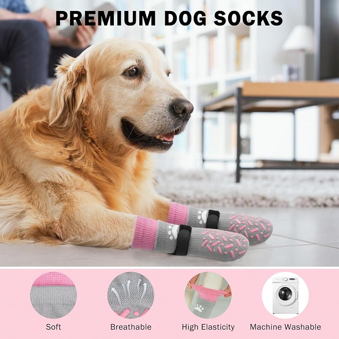 SCENEREAL Anti Slip Dog Socks to Prevent Licking Paws, Dog Shoes for Hot/Cold Pavement, Paw Protector Traction Control on Hardwood Floor, Dog Shoes Booties for Puppy Small Medium Large Senior Dogs