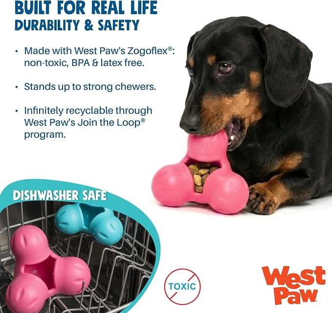 WEST PAW Zogoflex Tux Treat Dispensing Dog Chew Toy – Interactive Chewing Toy for Dogs – Dog Games for Aggressive Chewers, Fetch, Catch – Holds Kibble, Treats, Small 4", Teal