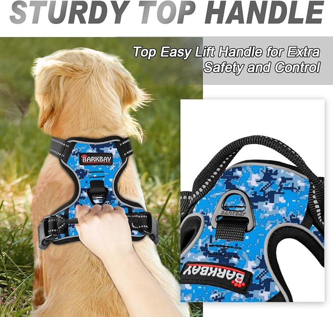BARKBAY No Pull Dog Harness Front Clip Heavy Duty Reflective Easy Control Handle for Large Dog Walking(Blue camo,S)