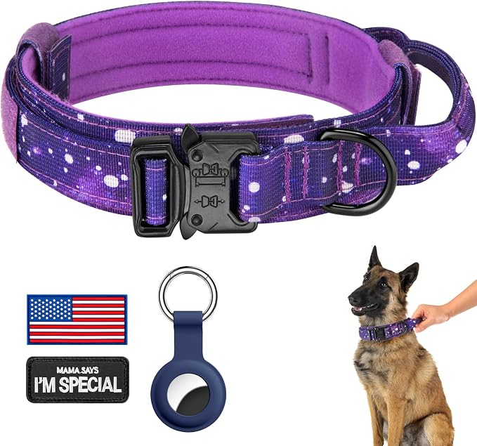 DAGANXI Tactical Dog Collar, Adjustable Military Training Nylon Dog Collar with Control Handle and Heavy Metal Buckle for Medium and Large Dogs, with Patches and Airtags Case (XXL, Purple Sky)