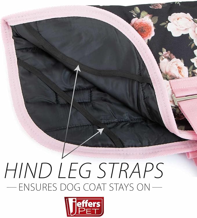 Jeffers Expression Dog Coat Waterproof Ripstop Winter Jacket 16" – 240g Insulated Blanket, Adjustable Belly & Chest Straps, Reflective Strips, Small to Large Breeds, Outdoor & Travel - Rose Garden