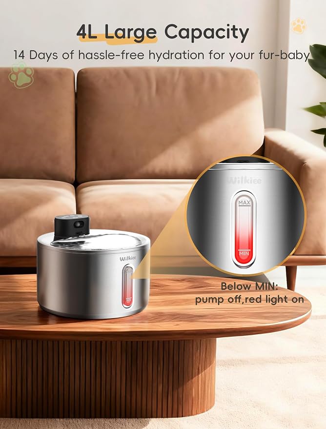 Stainless Steel Cat Water Fountain, Cordless Fountain for Cat & Dogs Indoor | 135fl.oz/4L Capacity, 4000mAh Battery, ultra-quiet