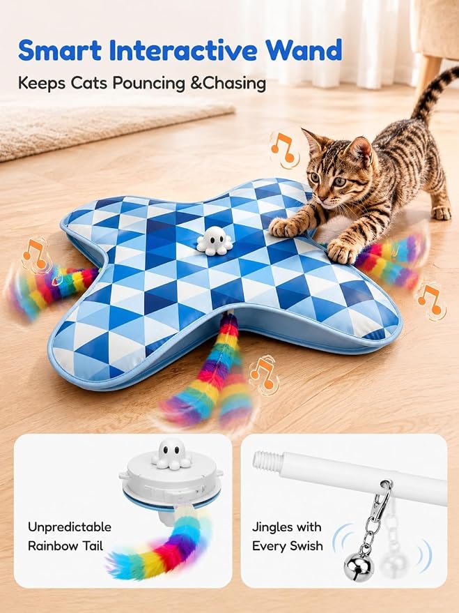 PetBusy [2026 Upgraded Smart Interactive Cat Toys for Indoor Cats, [Week-Long Rechargeable Battery] for Hands-Free Play, Automatic Hide &Seek Rainbow Tail Keeps Bored Kittens Chasing and Pouncing