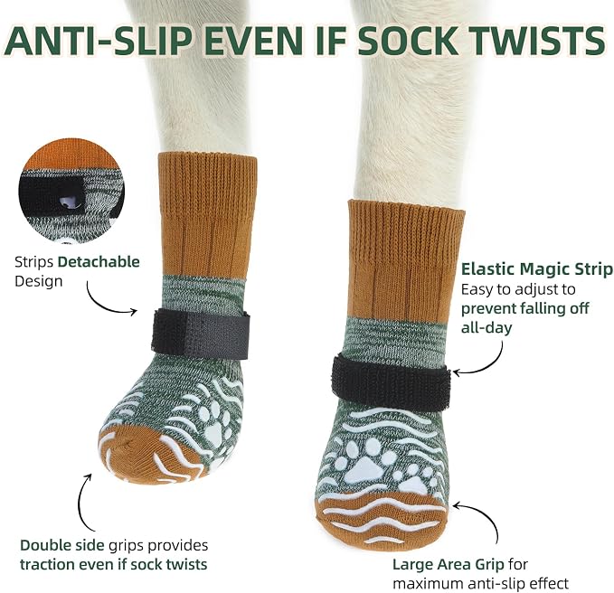 PUPTECK Anti Slip Dog Socks, Shoes with Grippers to Prevent Licking Hardwood Floors Traction, Rubber Boots & Paw Protectors, Senior Dogs Booties Deep Green