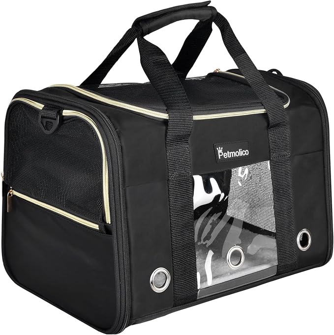 Petmolico Cat Carrier Soft-Sided Pet Bag for Small Medium Cats Puppies 16LBs - Airline Approved Pet Travel Carrier 3 Open Doors (Medium,Black)