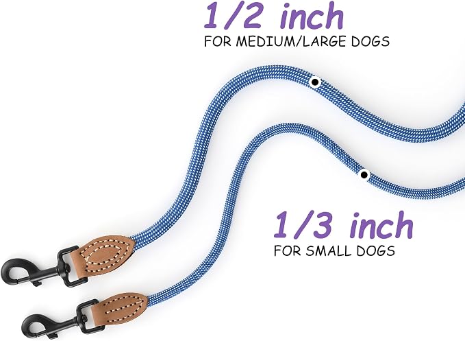 Mile High Life Thin Small Dog Leash with Genuine Leather Connection | Rope Leash, Heavy Duty 360° Swivel Metal Clasp, for Small Medium & Large Dogs (Blue White, 72 Inch)