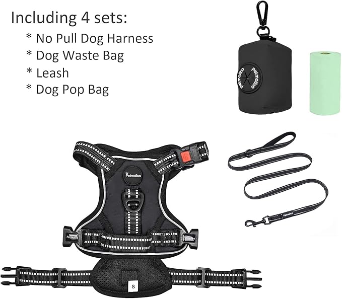 Petmolico No Pull Dog Harness Set with Leash Attachment Easy Control Handle Reflective Harness Vest Small Breed, Puppy Vest and Leash Set with Poop Bag Holder, Small - Black