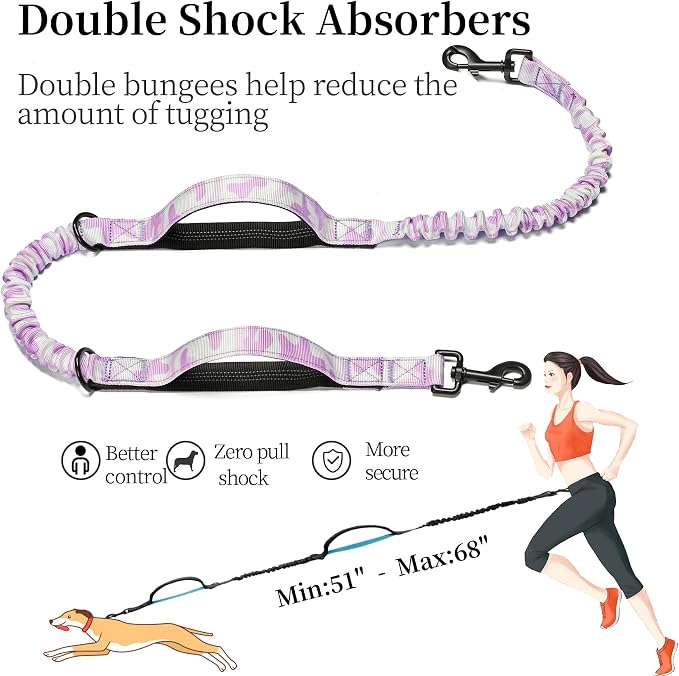 iYoShop Hands Free Dog Leash with Zipper Pouch, Dual Padded Handles and Durable Bungee for Walking, Jogging and Running Your Dog (White-Purple Mix, Large)