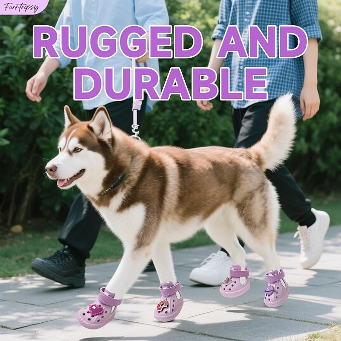 Dog Shoes,Non-Slip Waterproof Sandals for Hot Pavement, Breathable Perforated Boots,Adjustable Straps Dog Rain Booties for Summer Beach and Rainy Day(Purple,#5)