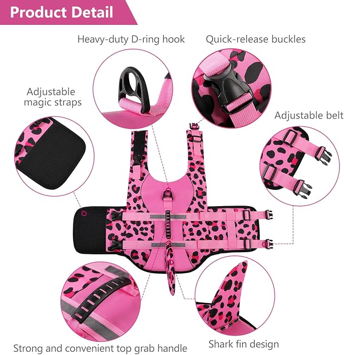 ASENKU Dog Life Jacket - Pet Safety Vest for Swimming & Boating, Shark Life Jacket with Floatation, Dog Lifesavers Swimsuits for Small Medium Large Dogs (Pink Leopard, 2XL)